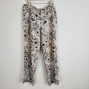 St. John Vintage Women's Pants 12 Beige Navy Blue Floral Linen Resort Coastal